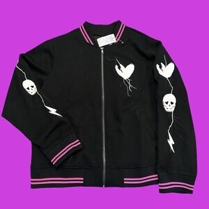 Torrid x Lovesick Black and Pink Skull Bomber Jacket Heart Graphic Women's 2X